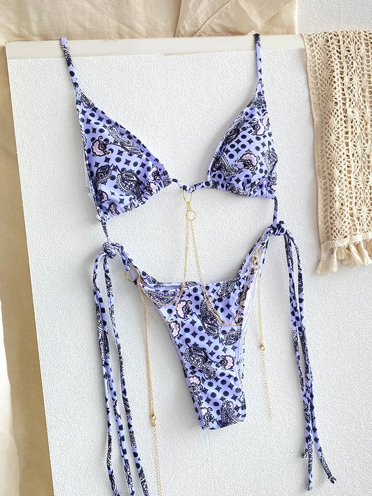 Sexy Triangle Chains Bikini Sets Micro Thongs Swimsuit Bathing Suit Biquini Bandage Beachwear Print Swimwear Thong Bikini