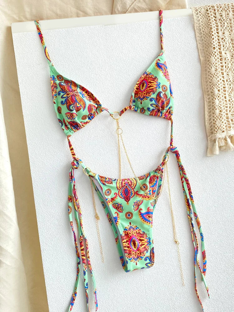 Sexy Triangle Chains Bikini Sets Micro Thongs Swimsuit Bathing Suit Biquini Bandage Beachwear Print Swimwear Thong Bikini