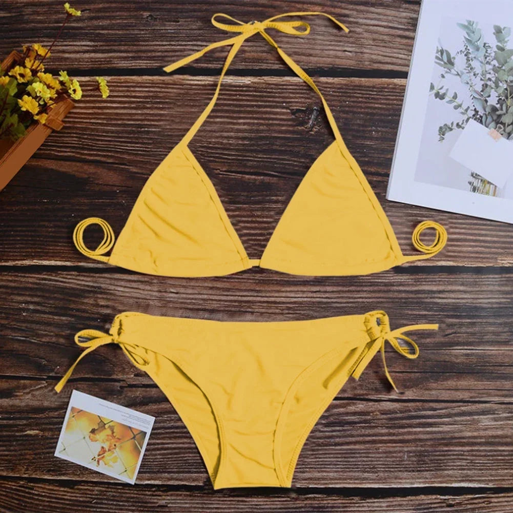 Sexy Underwear Woman Thong Women's Bikinis Set Sexy Two-piece Swimsuit Bandage Style Brazilian Breathable Solid Swimwear Summer