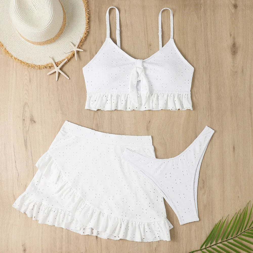 Sexy White Ruffle Bikini Three Pieces Swimsuit Brazilian Swimwear Female Beachwear Thong Bathing Suit Mini Biquini