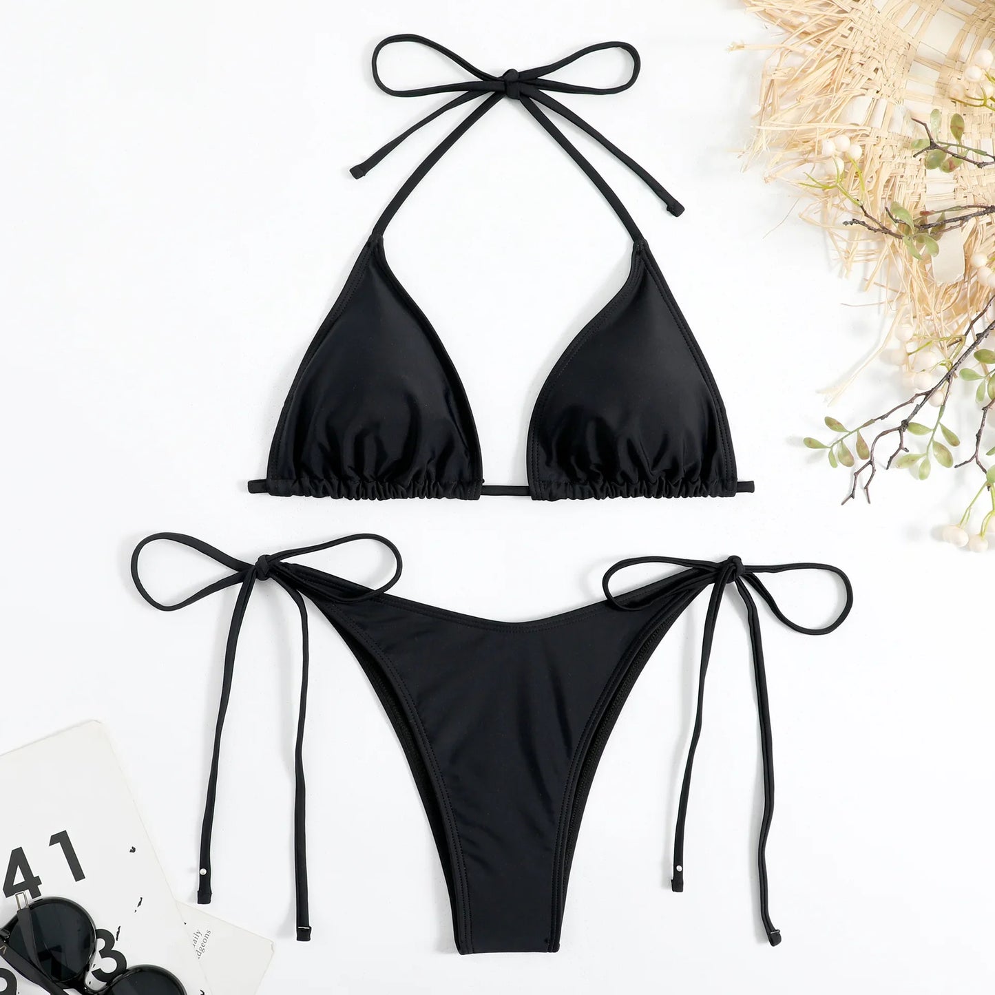 Bikini Set Side Halter Tie Swimsuit Ladies Split Strap Adjustable  Brazilian Swimwear Beachwear