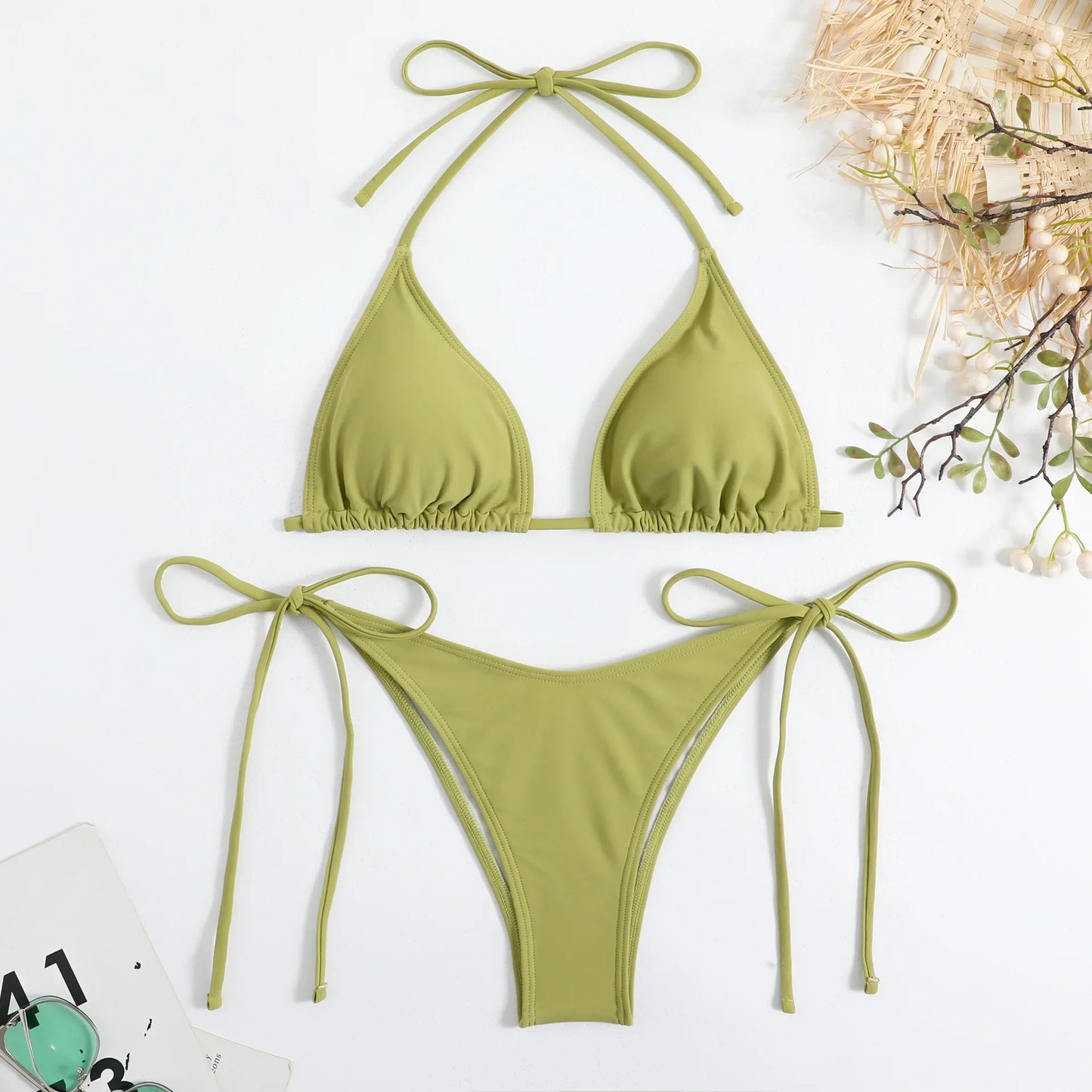 Bikini Set Side Halter Tie Swimsuit Ladies Split Strap Adjustable  Brazilian Swimwear Beachwear