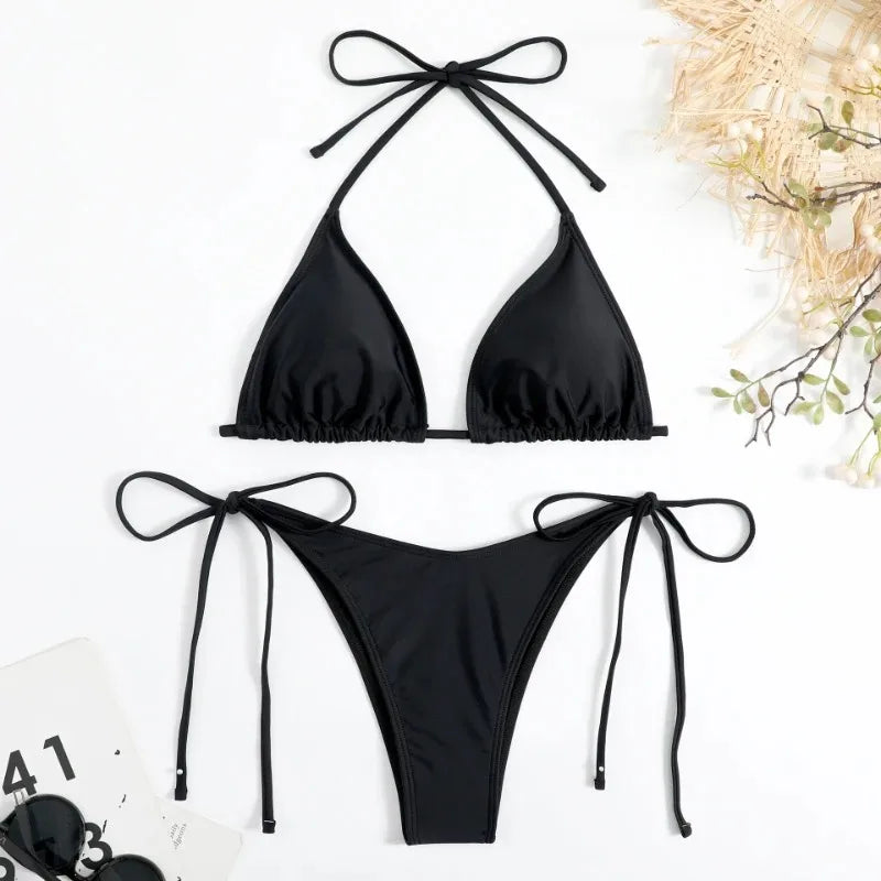 Bikini Set Side Halter Tie Swimsuit Ladies Split Strap Adjustable  Brazilian Swimwear Beachwear