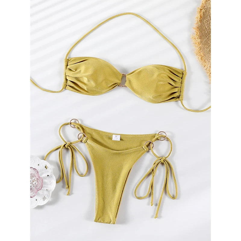 Push Up Swimwear Women Halter Bikini Set Shiny Swimsuit Push Up Bathing Suits Bandage Beachwear Thong