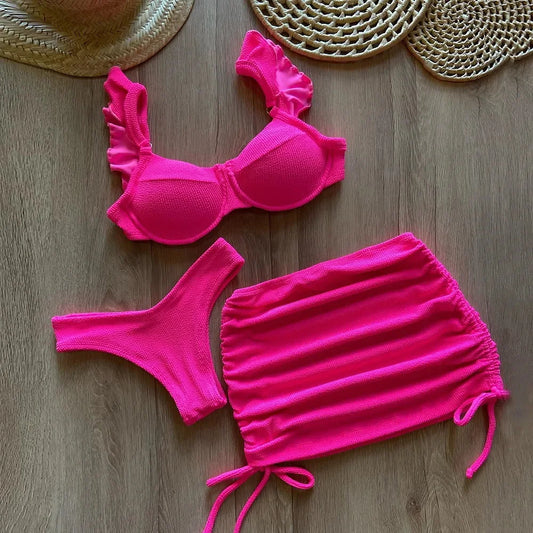 Solid Wavy Fabric Low Waist Bikini Set Cover Up Swimsuit Push Up Ruffle Three Pieces Swimwear Beach Bathing Suits