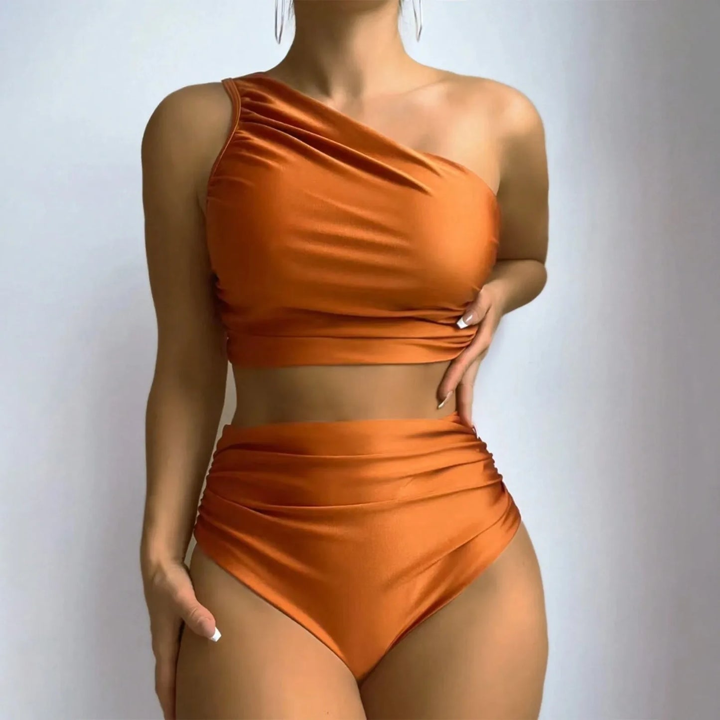 Beach Solid Color Pleated One Shoulder Sleeveless Bikini Top And Triangle Bottom Swimsuit Set Beach Cover Up