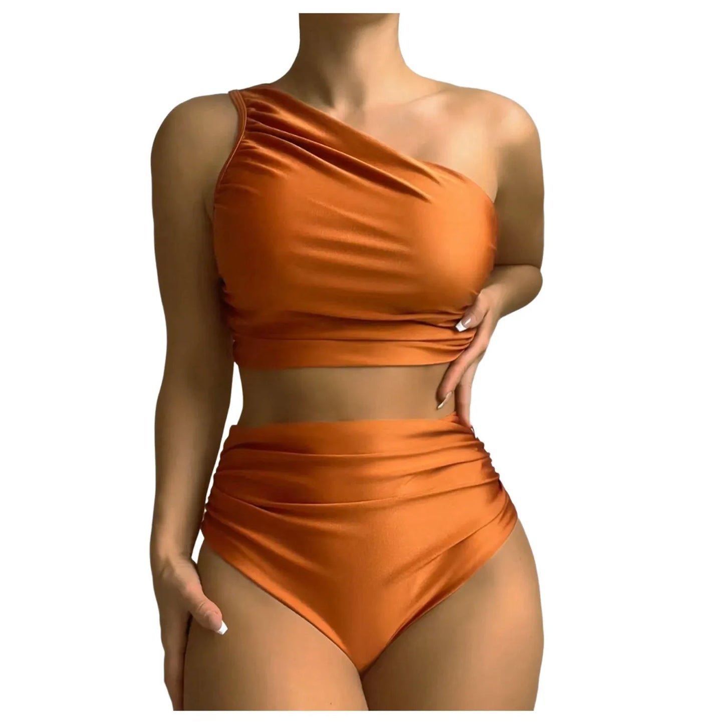 Beach Solid Color Pleated One Shoulder Sleeveless Bikini Top And Triangle Bottom Swimsuit Set Beach Cover Up