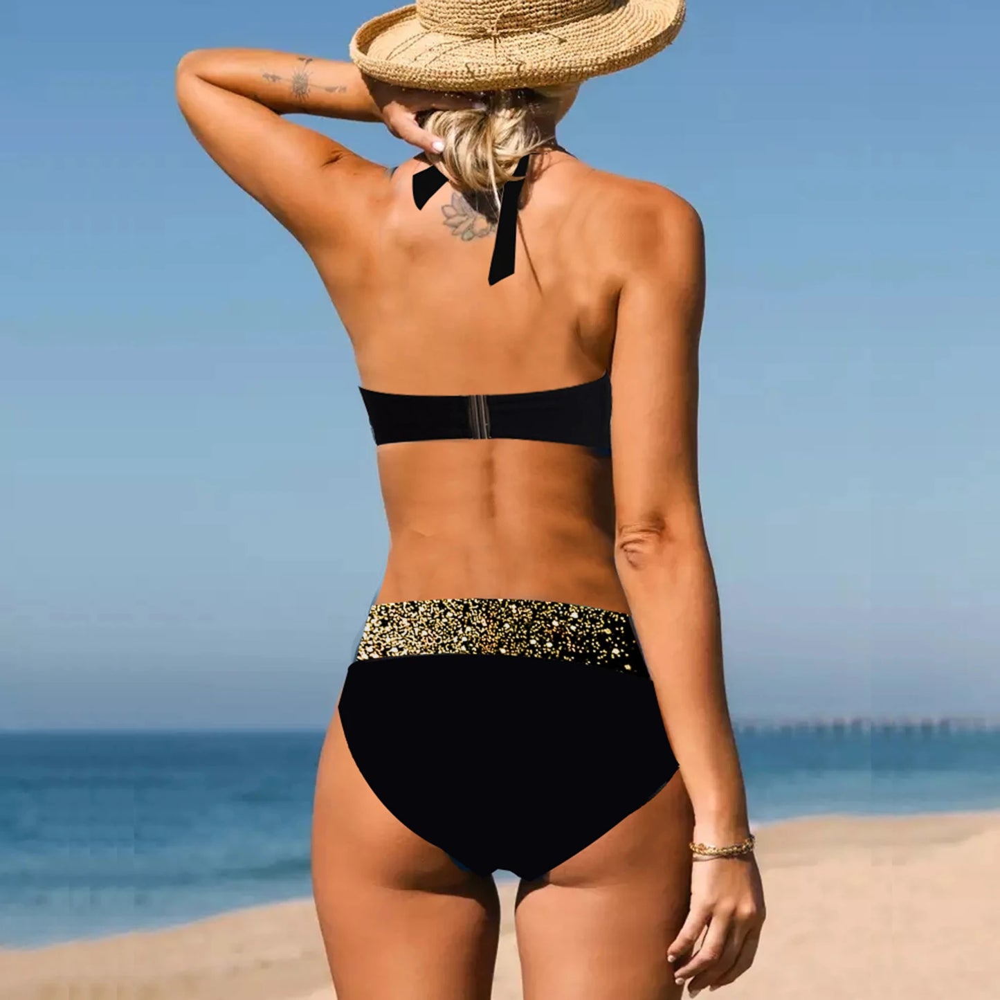 Separate Two-Piece Swimwear Shiny Wide Shoulder Straps Vest Swimsuit High Waist Beach Casual Bikini