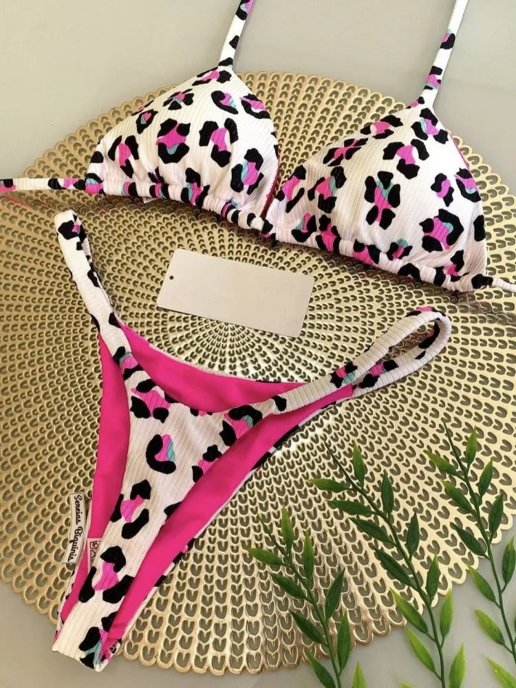 Swimwear Cute  Cherry Print Brazilian Thong Bikini Set Sexy Thong Swimsuit Bathing Suit Beach Wear