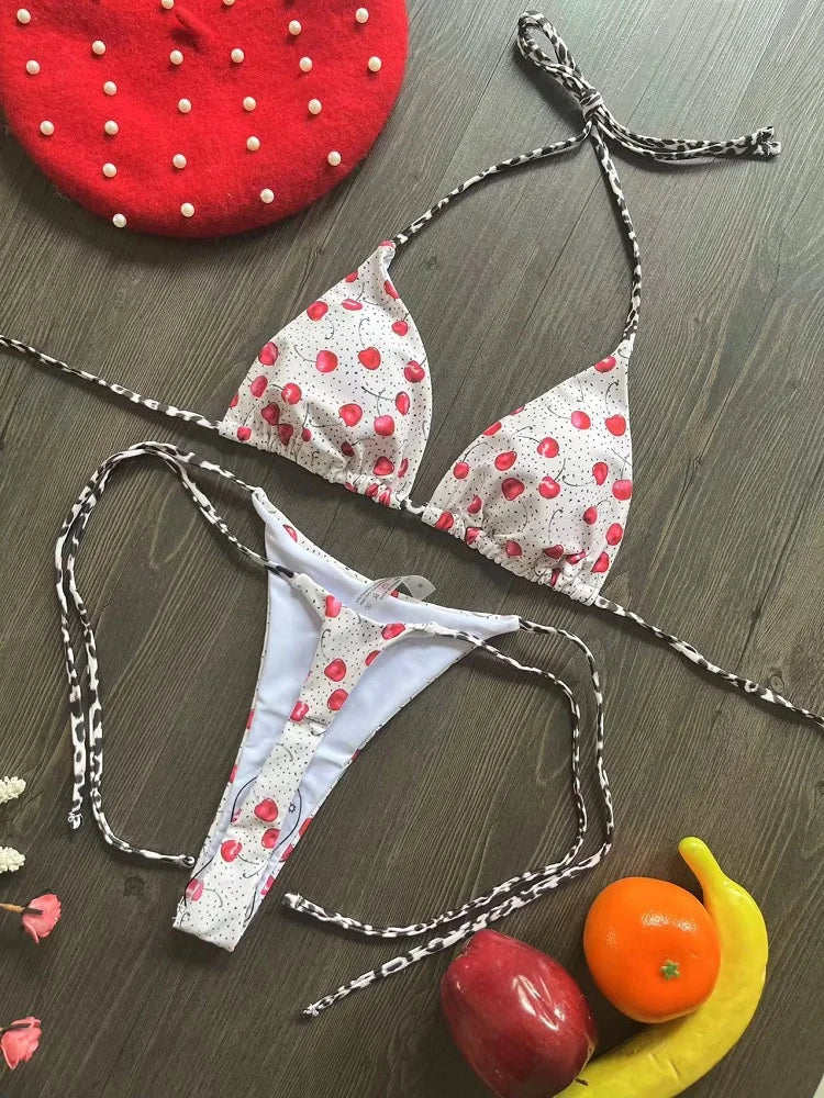 Swimwear Cute  Cherry Print Brazilian Thong Bikini Set Sexy Thong Swimsuit Bathing Suit Beach Wear