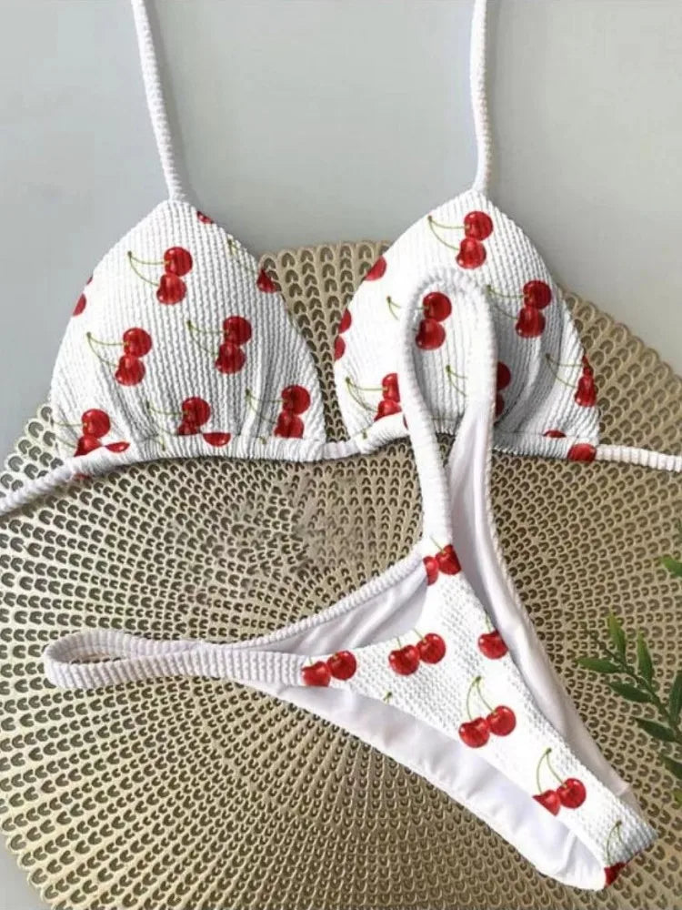 Swimwear Cute  Cherry Print Brazilian Thong Bikini Set Sexy Thong Swimsuit Bathing Suit Beach Wear