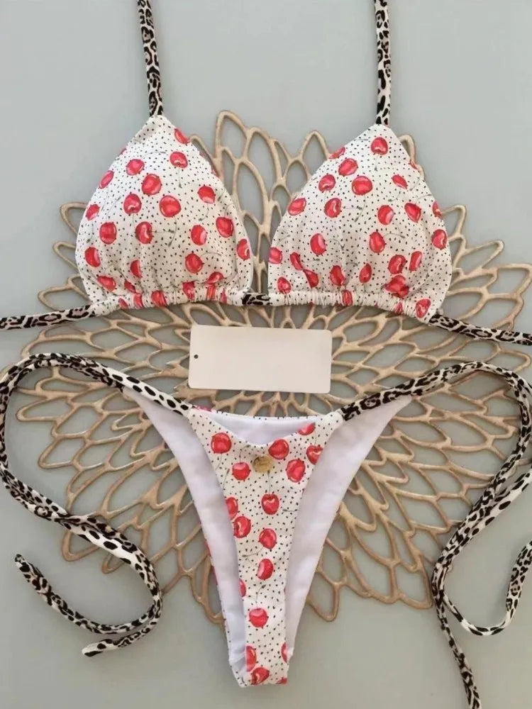 Swimwear Cute  Cherry Print Brazilian Thong Bikini Set Sexy Thong Swimsuit Bathing Suit Beach Wear