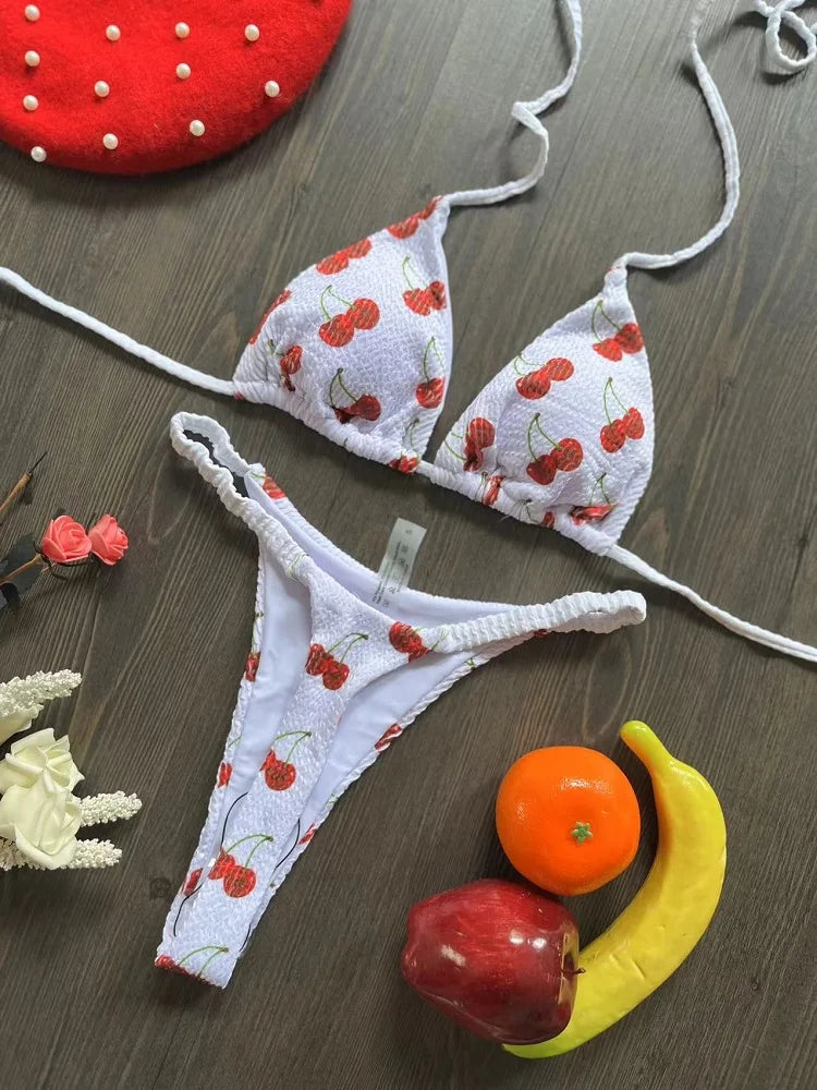 Swimwear Cute  Cherry Print Brazilian Thong Bikini Set Sexy Thong Swimsuit Bathing Suit Beach Wear