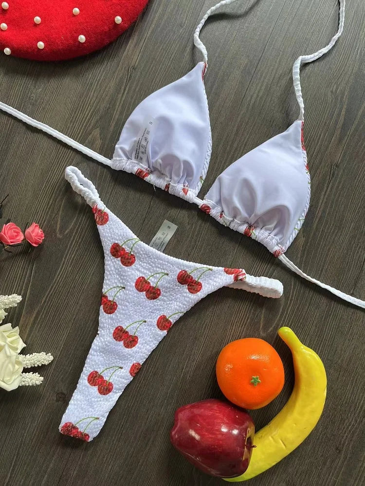 Swimwear Cute  Cherry Print Brazilian Thong Bikini Set Sexy Thong Swimsuit Bathing Suit Beach Wear