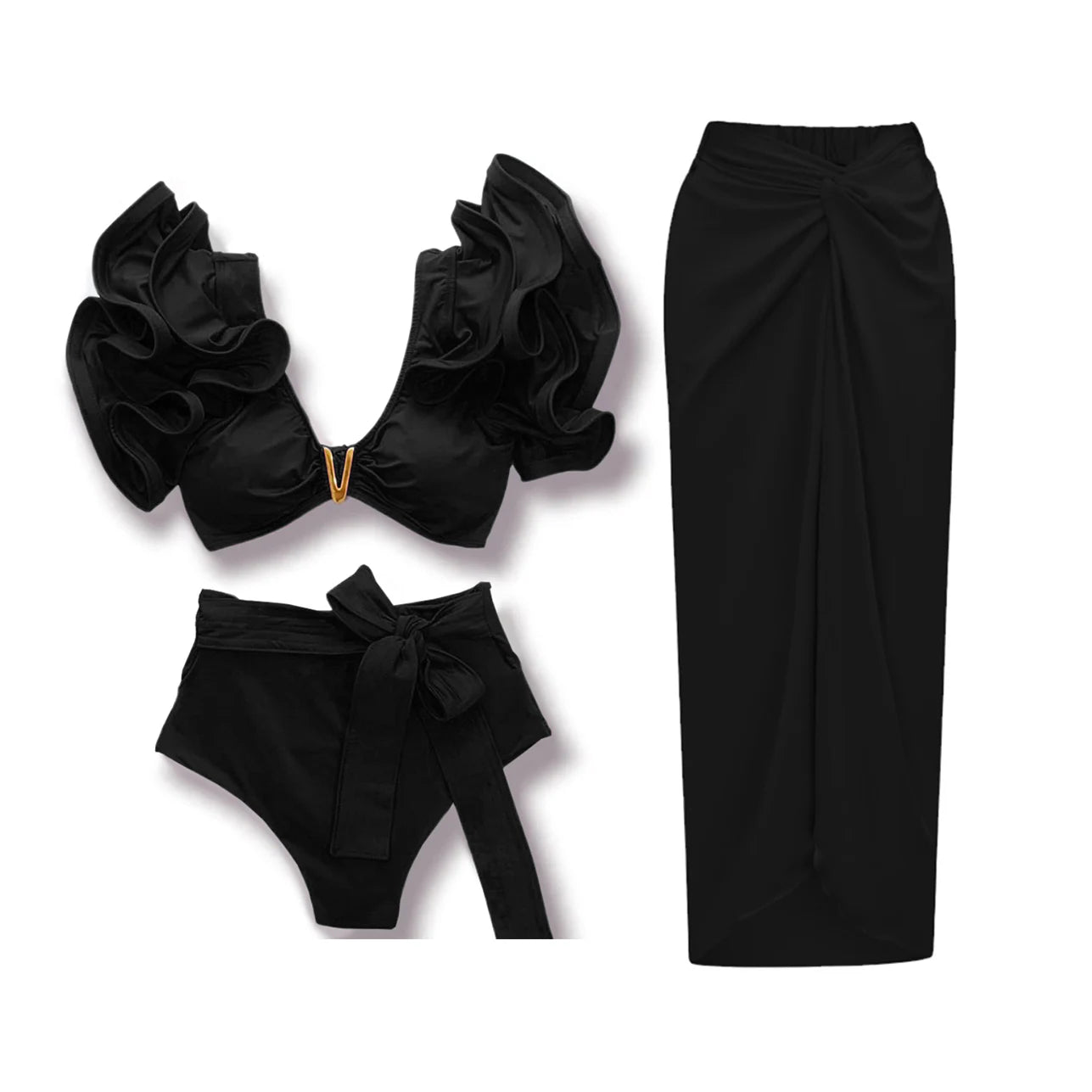 V-Neck Two Pieces Bikini Sets Shoulder Ruffled Swimwear High Waist Biquini Sexy Swimsuit Solid Bathing Suit Beachwear