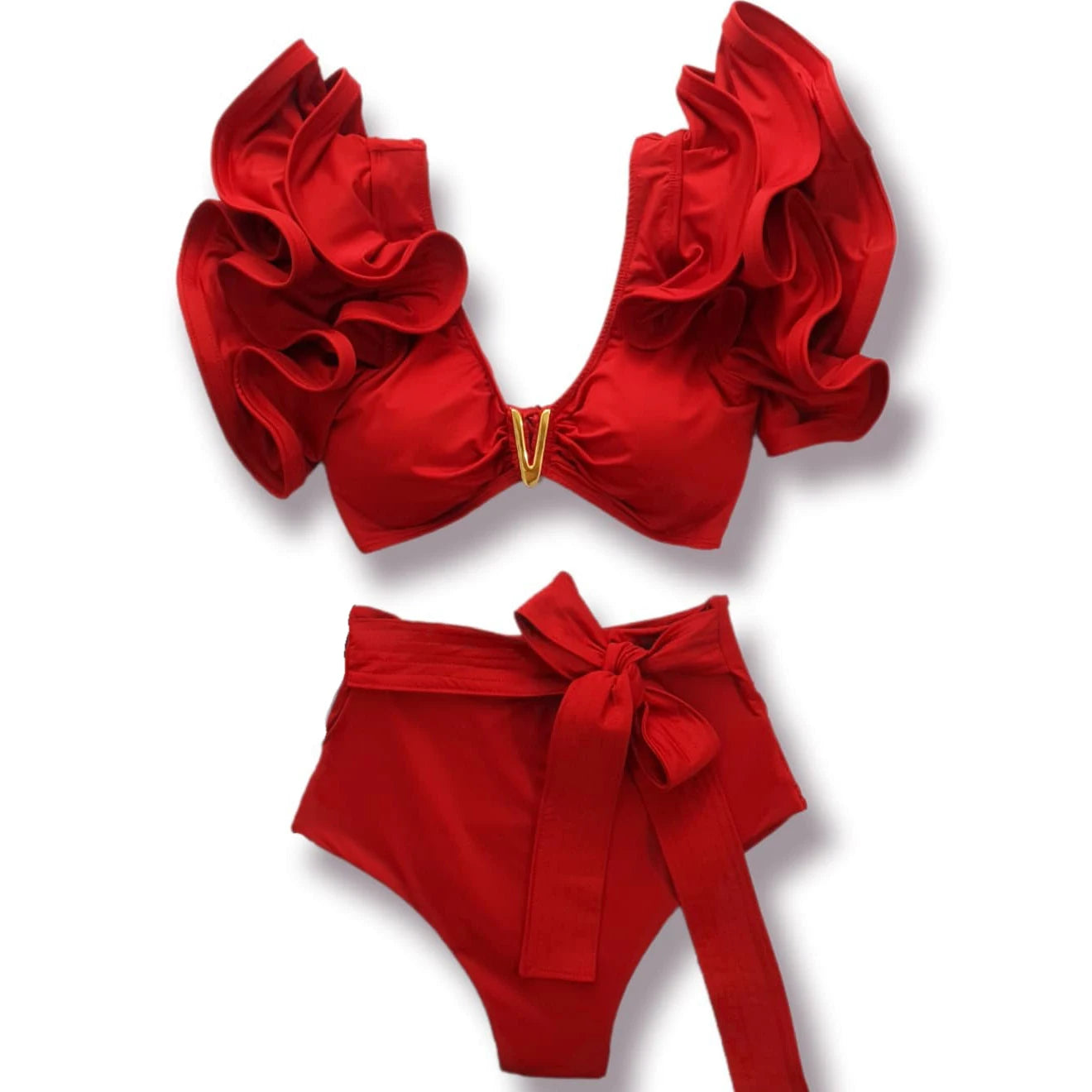 V-Neck Two Pieces Bikini Sets Shoulder Ruffled Swimwear High Waist Biquini Sexy Swimsuit Solid Bathing Suit Beachwear