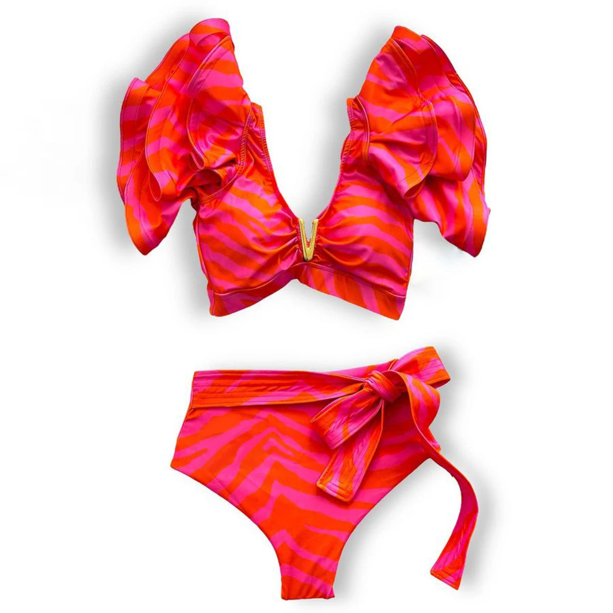 V-Neck Two Pieces Bikini Sets Shoulder Ruffled Swimwear High Waist Biquini Sexy Swimsuit Solid Bathing Suit Beachwear