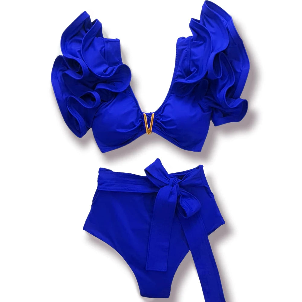 V-Neck Two Pieces Bikini Sets Shoulder Ruffled Swimwear High Waist Biquini Sexy Swimsuit Solid Bathing Suit Beachwear