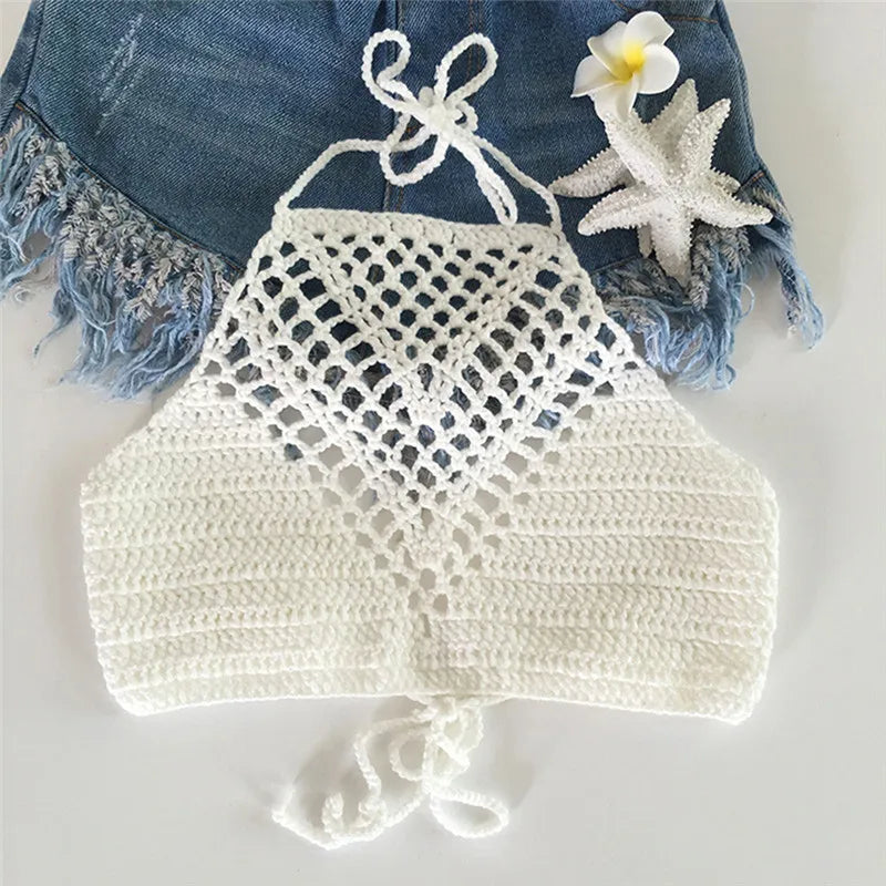 White Halter Vest Strap Crop Tops Bra Beach Bikini Short Vest Sexy Hollow Out Crochet Bikini Tank Tops Shirt Plain