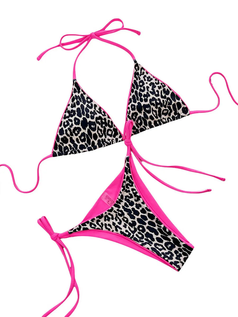 Bikini Swimsuit Leopard Print Tie-Up Halter Neck Padded Bra Thong Bottom Beach Bathing Suit Set