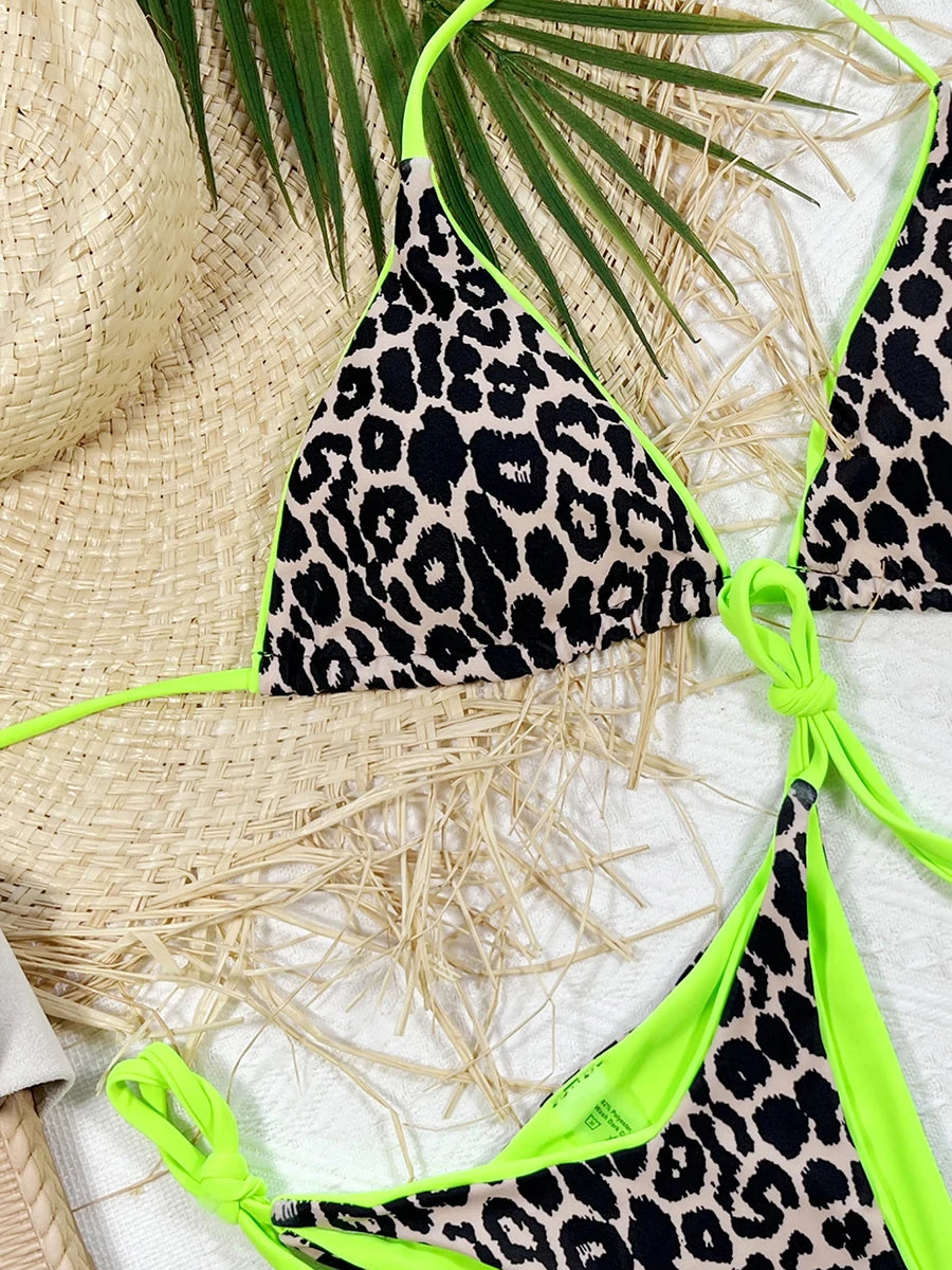 Bikini Swimsuit Leopard Print Tie-Up Halter Neck Padded Bra Thong Bottom Beach Bathing Suit Set