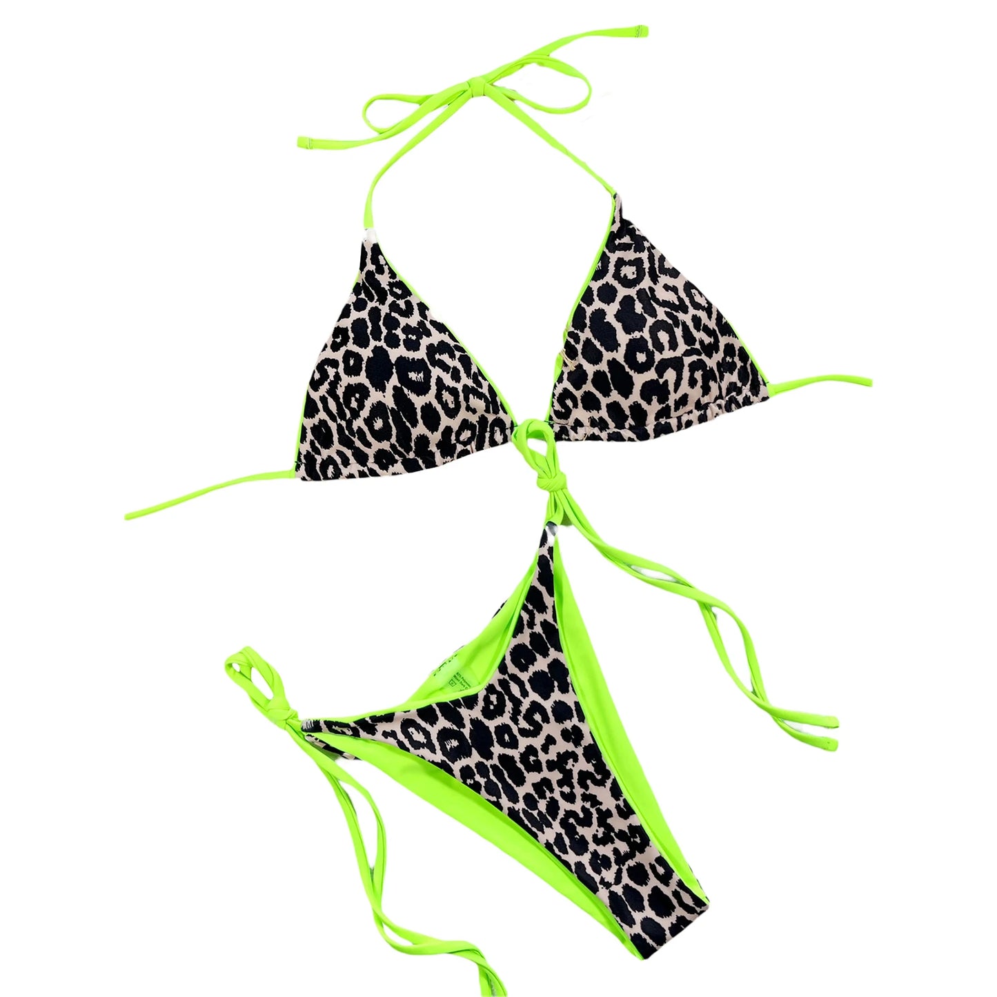 Bikini Swimsuit Leopard Print Tie-Up Halter Neck Padded Bra Thong Bottom Beach Bathing Suit Set