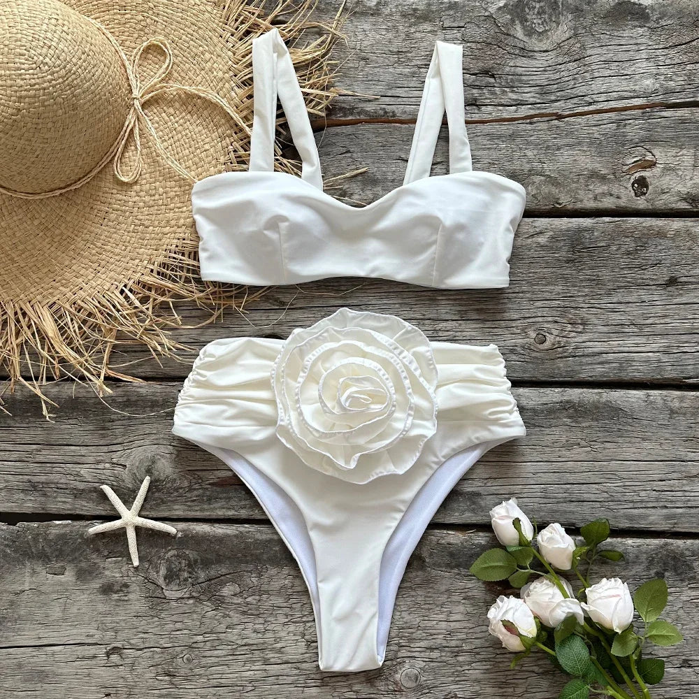 Bikini Set Two-Pieces  Floral Lace Up Push-Up Padded Bra White  Set Swimsuit Swimwear Bathing Suit Beachwear Biquini