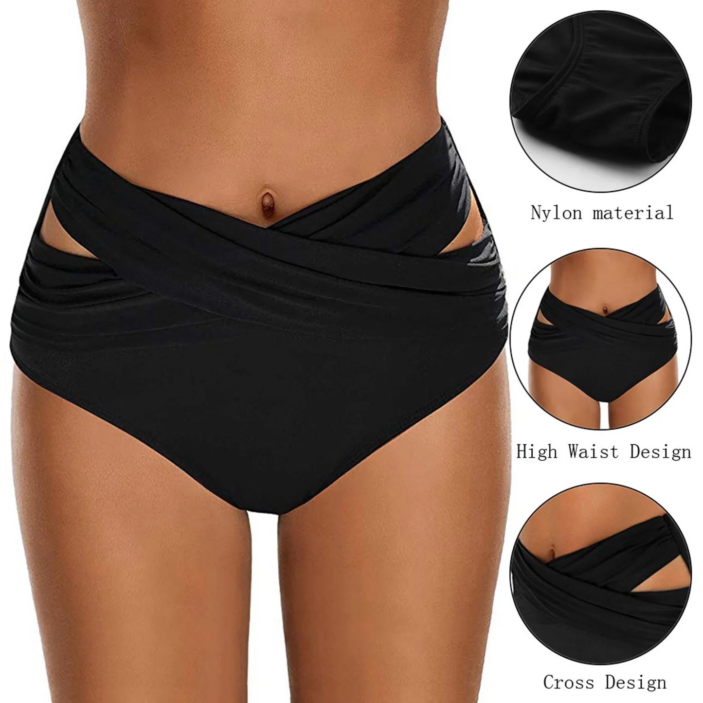 High Waist Ruched Bikini Bottoms  Swimsuit Briefs Pants Biquinis Mujer Micro Bik