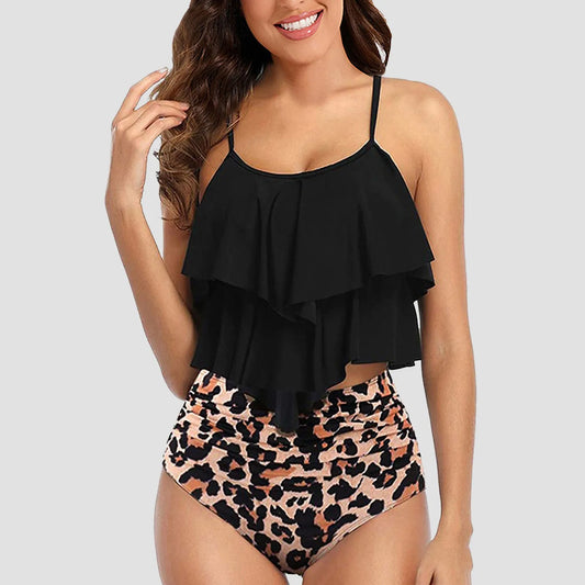 Swimsuit Summer Printed Ruffle Vest Swim Suit High Waist Bikinis Two Pieces Leopard Bathing Suits Plus Size