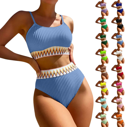 High Waist Bikini Set V Neck Swimsuit Color Block Front Twisted Swimsuit Conjuntos De BiquíNis Ropa De Mujer