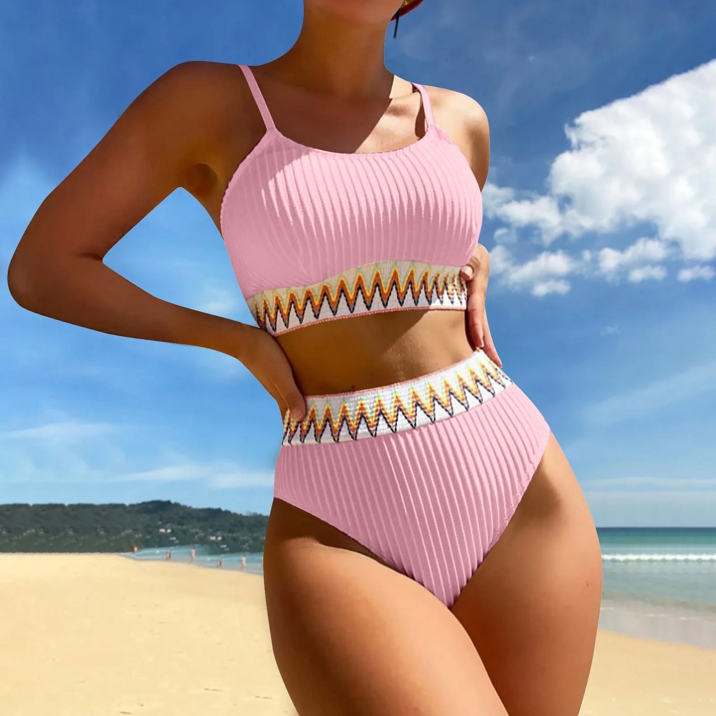 High Waist Bikini Set V Neck Swimsuit Color Block Front Twisted Swimsuit Conjuntos De BiquíNis Ropa De Mujer