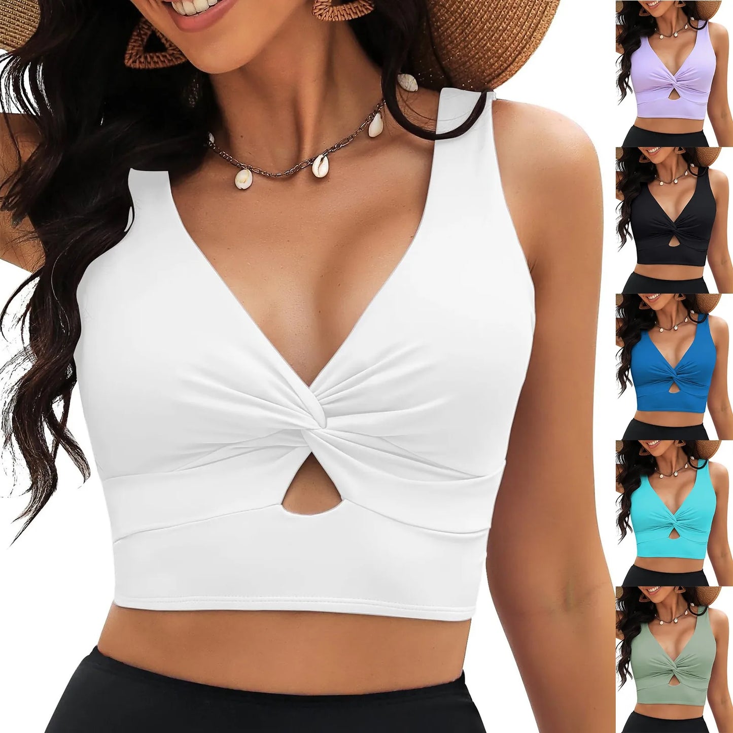 High Waisted Bikini Swimsuit Cropped Tankini Beach Padded Knot Cut Out Adjustable