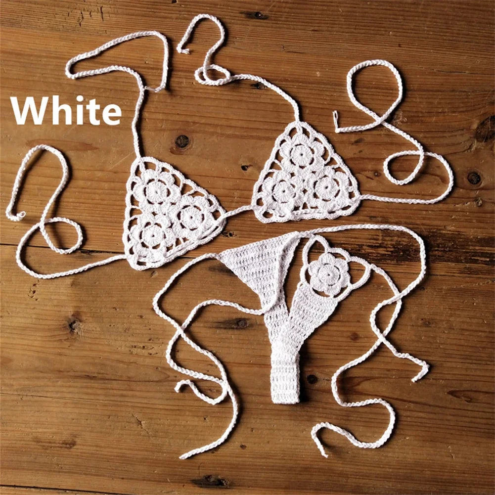 Sexy Handmade Bikini Sets Crochet Flower Lace Thong String Swimwear Sunbathing Swimsuit Beach Wear Lace-up