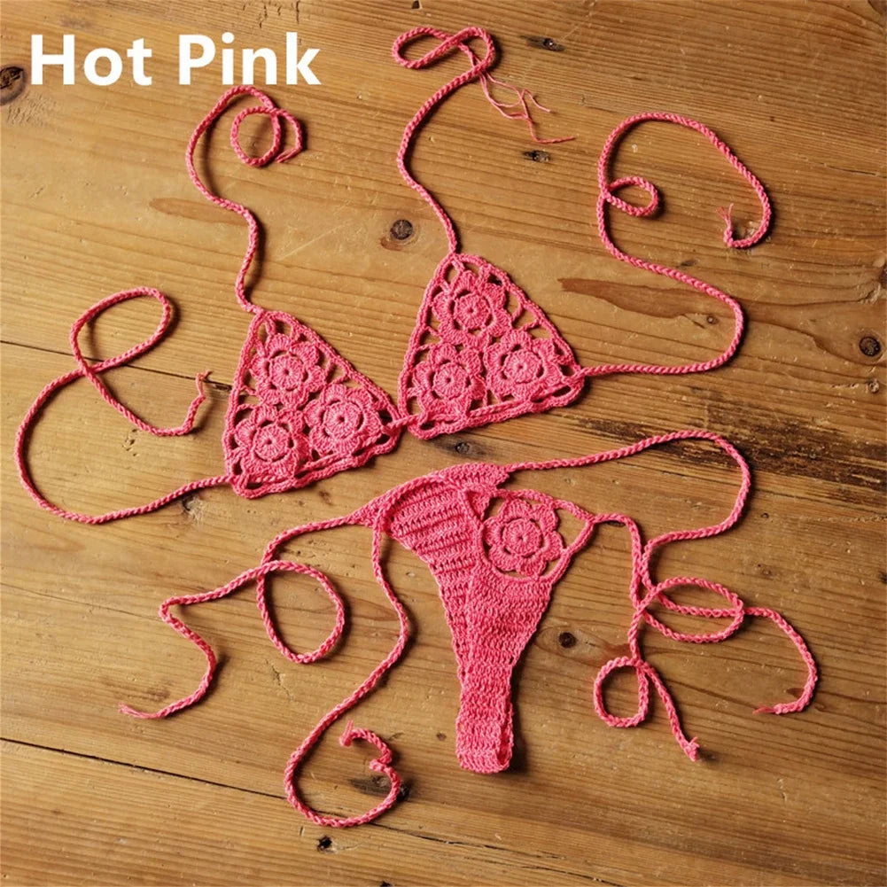 Sexy Handmade Bikini Sets Crochet Flower Lace Thong String Swimwear Sunbathing Swimsuit Beach Wear Lace-up