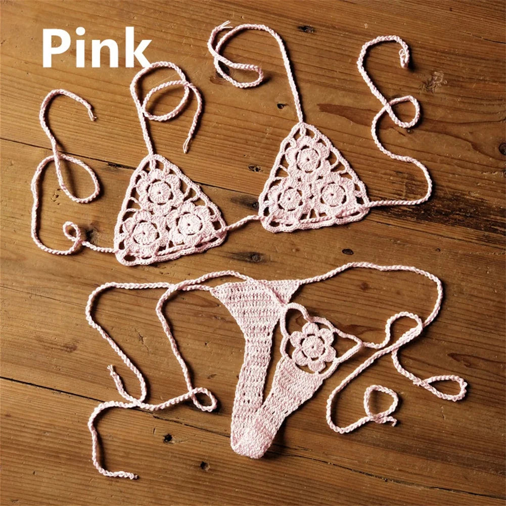 Sexy Handmade Bikini Sets Crochet Flower Lace Thong String Swimwear Sunbathing Swimsuit Beach Wear Lace-up