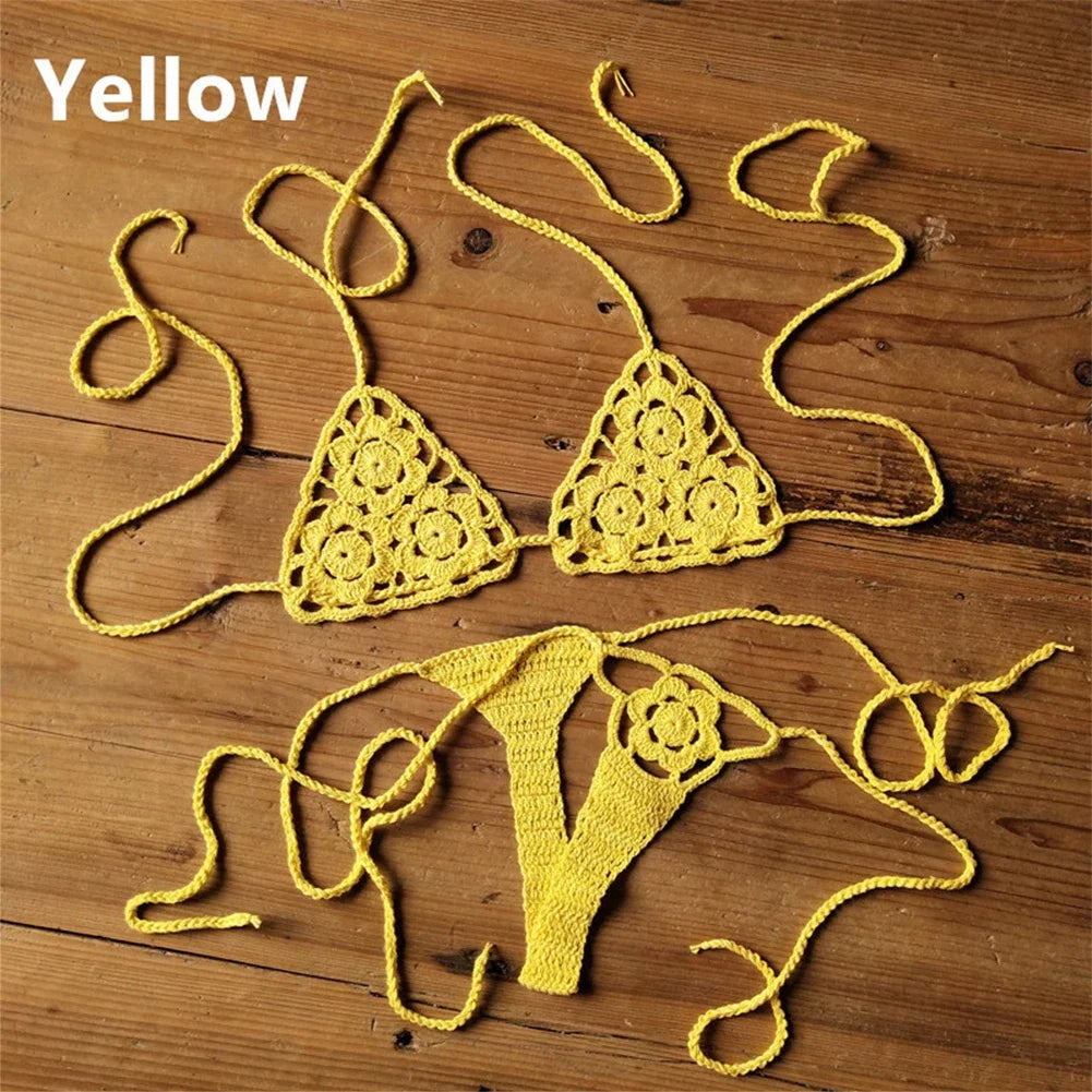 Sexy Handmade Bikini Sets Crochet Flower Lace Thong String Swimwear Sunbathing Swimsuit Beach Wear Lace-up