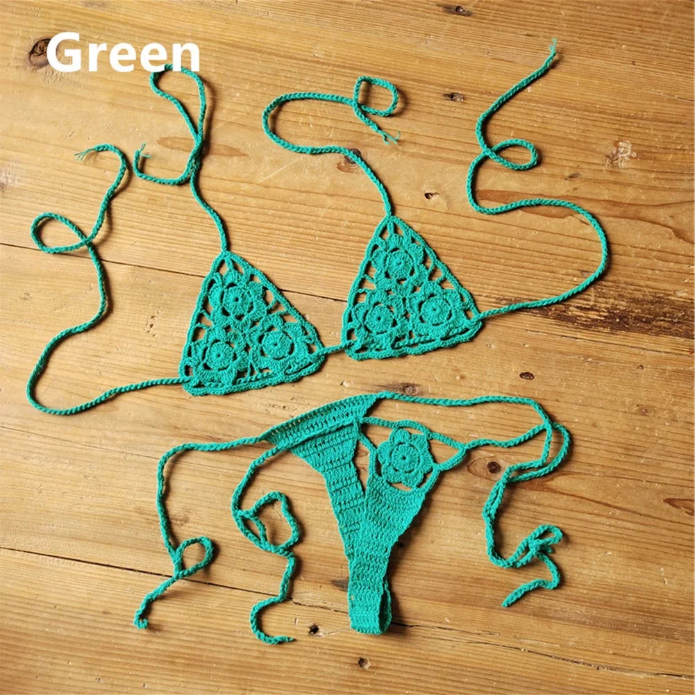 Sexy Handmade Bikini Sets Crochet Flower Lace Thong String Swimwear Sunbathing Swimsuit Beach Wear Lace-up