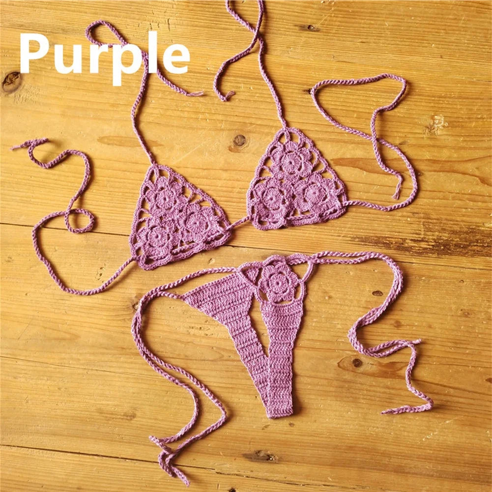 Sexy Handmade Bikini Sets Crochet Flower Lace Thong String Swimwear Sunbathing Swimsuit Beach Wear Lace-up