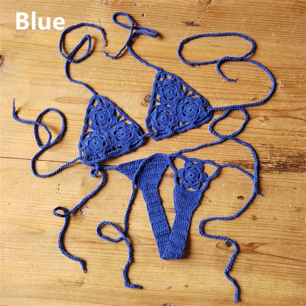 Sexy Handmade Bikini Sets Crochet Flower Lace Thong String Swimwear Sunbathing Swimsuit Beach Wear Lace-up