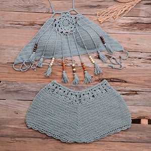 Shells Tassel Sexy Bikinis Knitted Crochet Swimsuit Beach Swimwear Brazilian Bathing Suit Beachwear