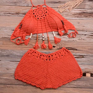 Shells Tassel Sexy Bikinis Knitted Crochet Swimsuit Beach Swimwear Brazilian Bathing Suit Beachwear