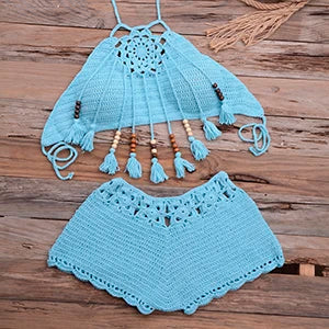 Shells Tassel Sexy Bikinis Knitted Crochet Swimsuit Beach Swimwear Brazilian Bathing Suit Beachwear