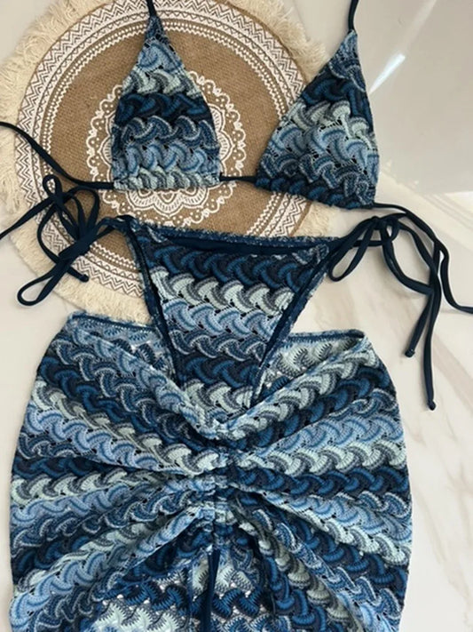 Knitted Crochet Bikini Skirt Three-Piece Set Split Swimsuit Bikini