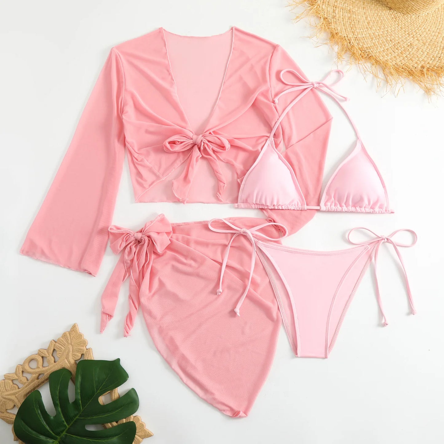 pink micro mini string bikini sets 4 pieces with mesh cover tops and skirt swimsuit bathing suit beach outfits biquini