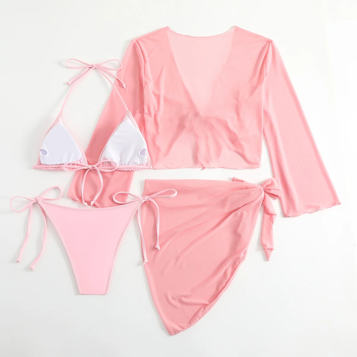 pink micro mini string bikini sets 4 pieces with mesh cover tops and skirt swimsuit bathing suit beach outfits biquini