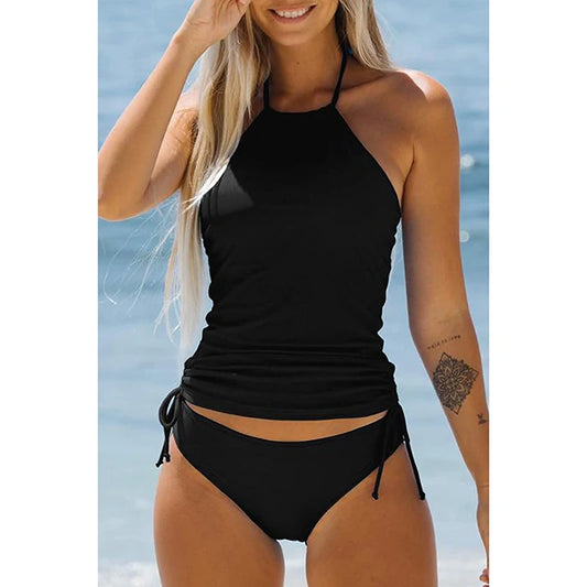 Outfits Swimwear Bikini Set Coquette Sexy Halter Sleeveless Backless Crop Tops Solid Color Panties