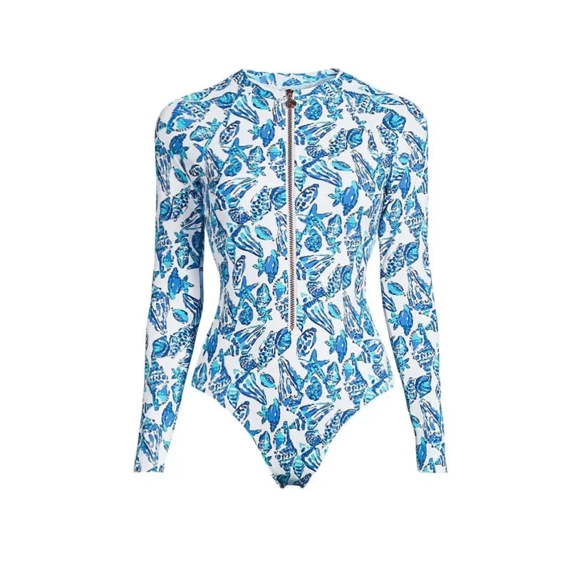 Long Sleeve Zip Swimsuit One Piece Swimwear, Vacation Beachwear, Luxury Bathing Suit, Bikini Surf Suit