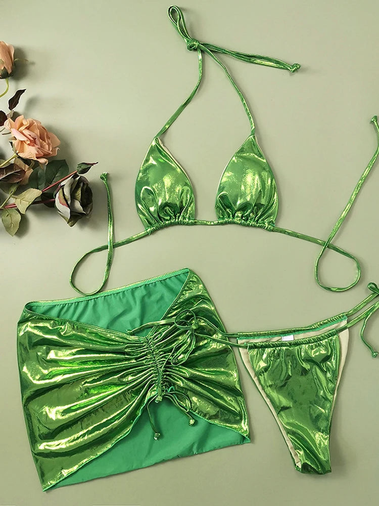 camisole swimsuit beachwear shiny 3-piece set bikini, covered mini thong sexy pull-out swimsuit