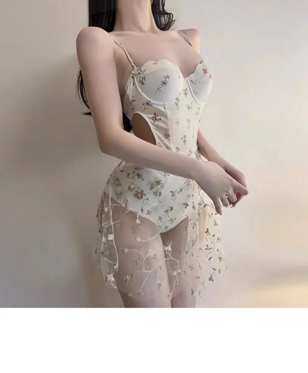 sexy floral print push up swimsuit two pieces with perspective mesh cover skirt bodysuits bikinis swimwear