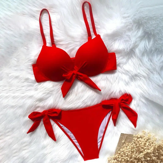 sexy front bow knot push up bikinis swimsuit tie bikini swimsuit Swimwear Biquini conjunto de bikini tankini